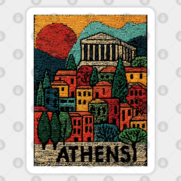 Athens Greece Vintage Embroidered Travel Poster | Retro Greek Landmark Souvenir Magnet by TuncGK